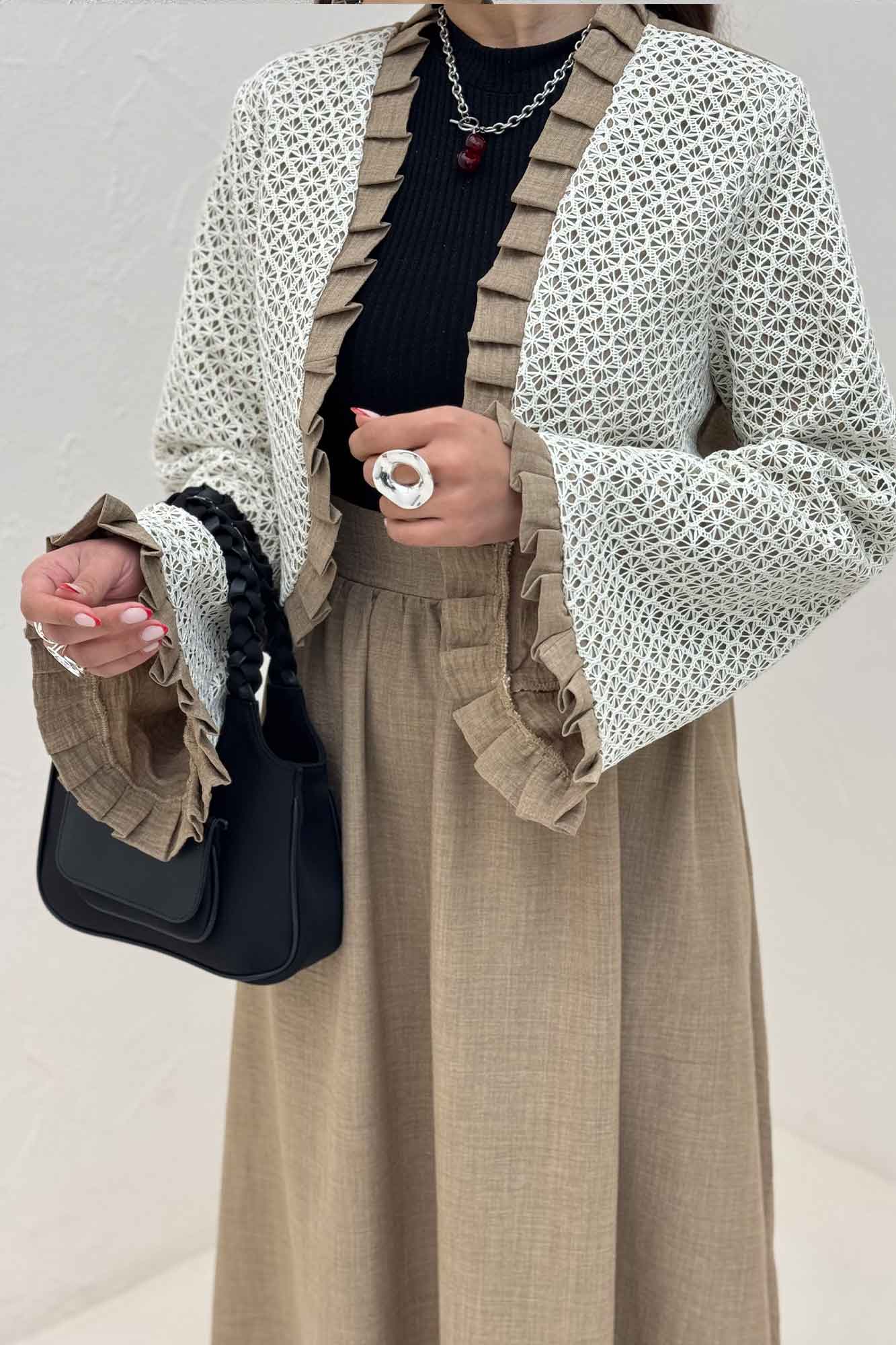 ست کت و دامن شانتون قلاب بافی دور پیله