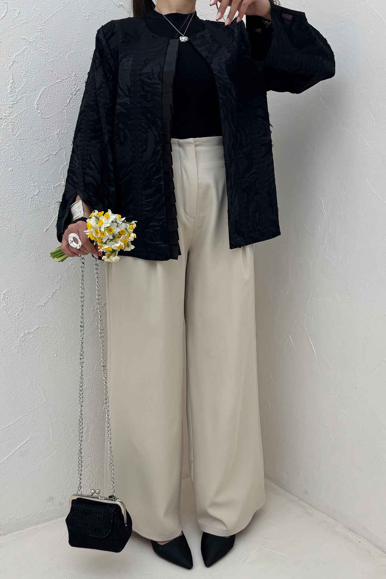 کت کسمه جلو پیله ساتن آستین هفتیNOIR