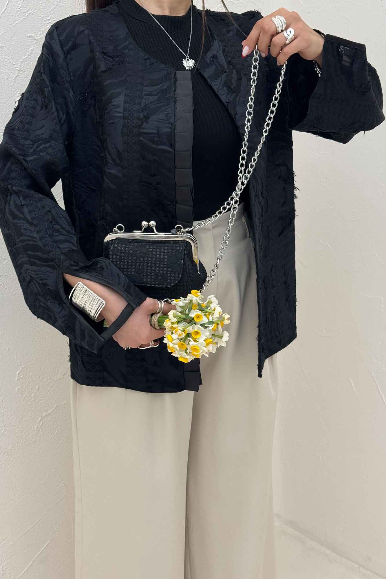 کت کسمه جلو پیله ساتن آستین هفتیNOIR