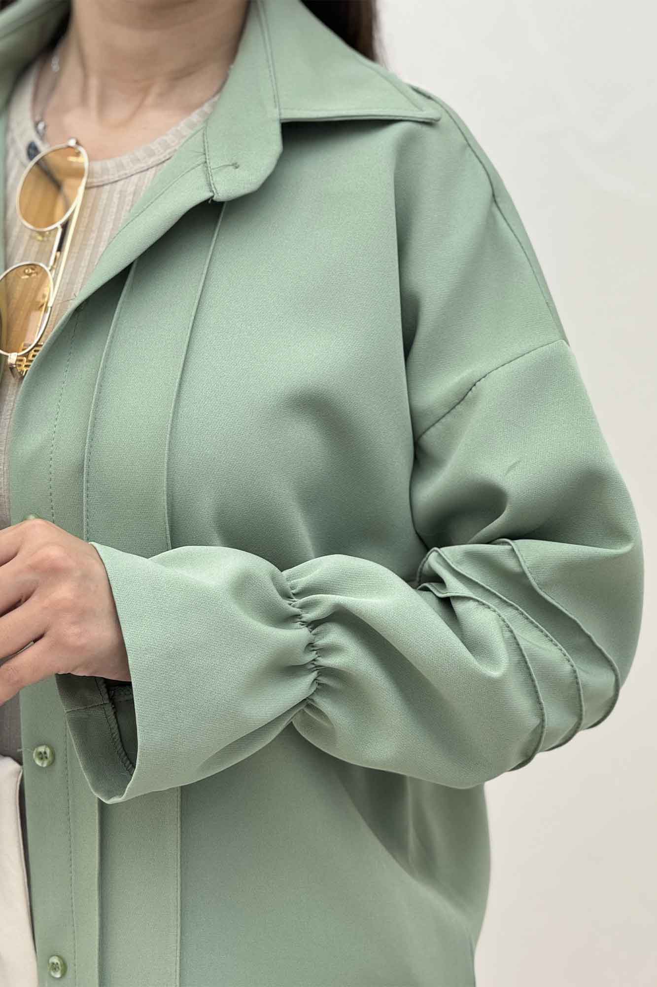 شومیز مانتویی خط دار آستین عروسکی 