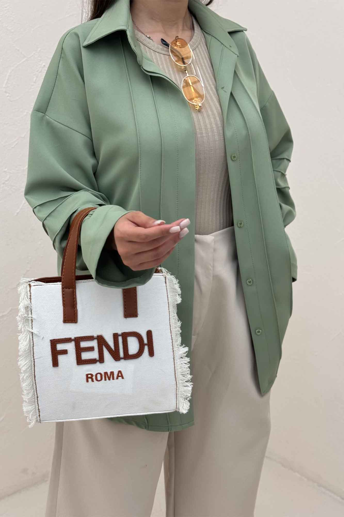 شومیز مانتویی خط دار آستین عروسکی 