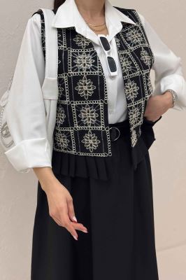 ست جلیقه دامن پایین چین سوزن دوزی طرح 8