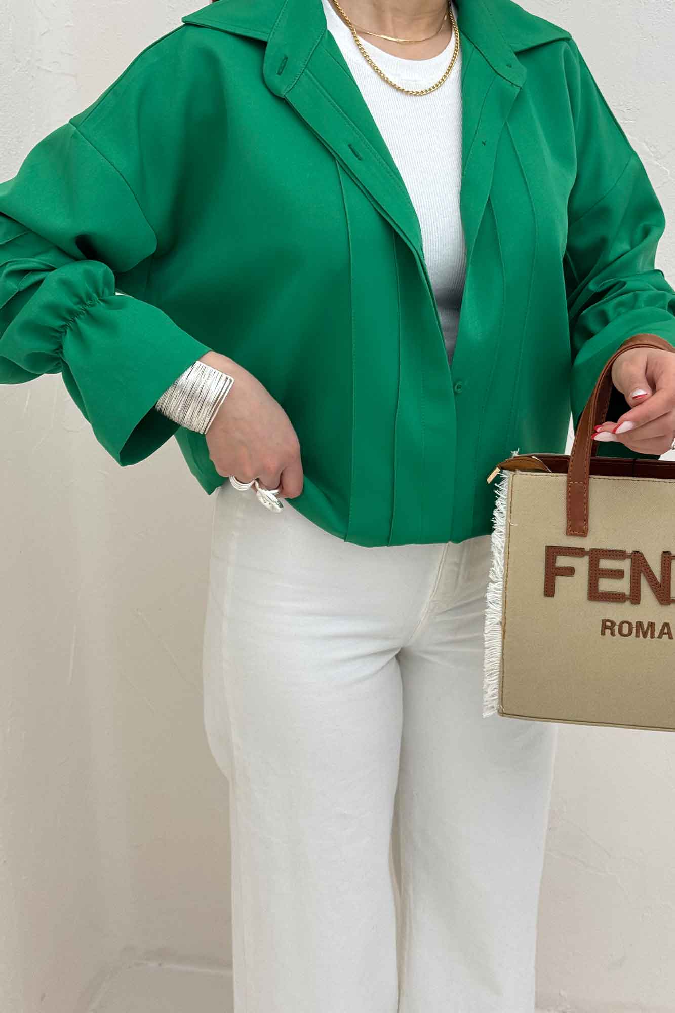 شومیز مانتویی خط دار آستین عروسکی 