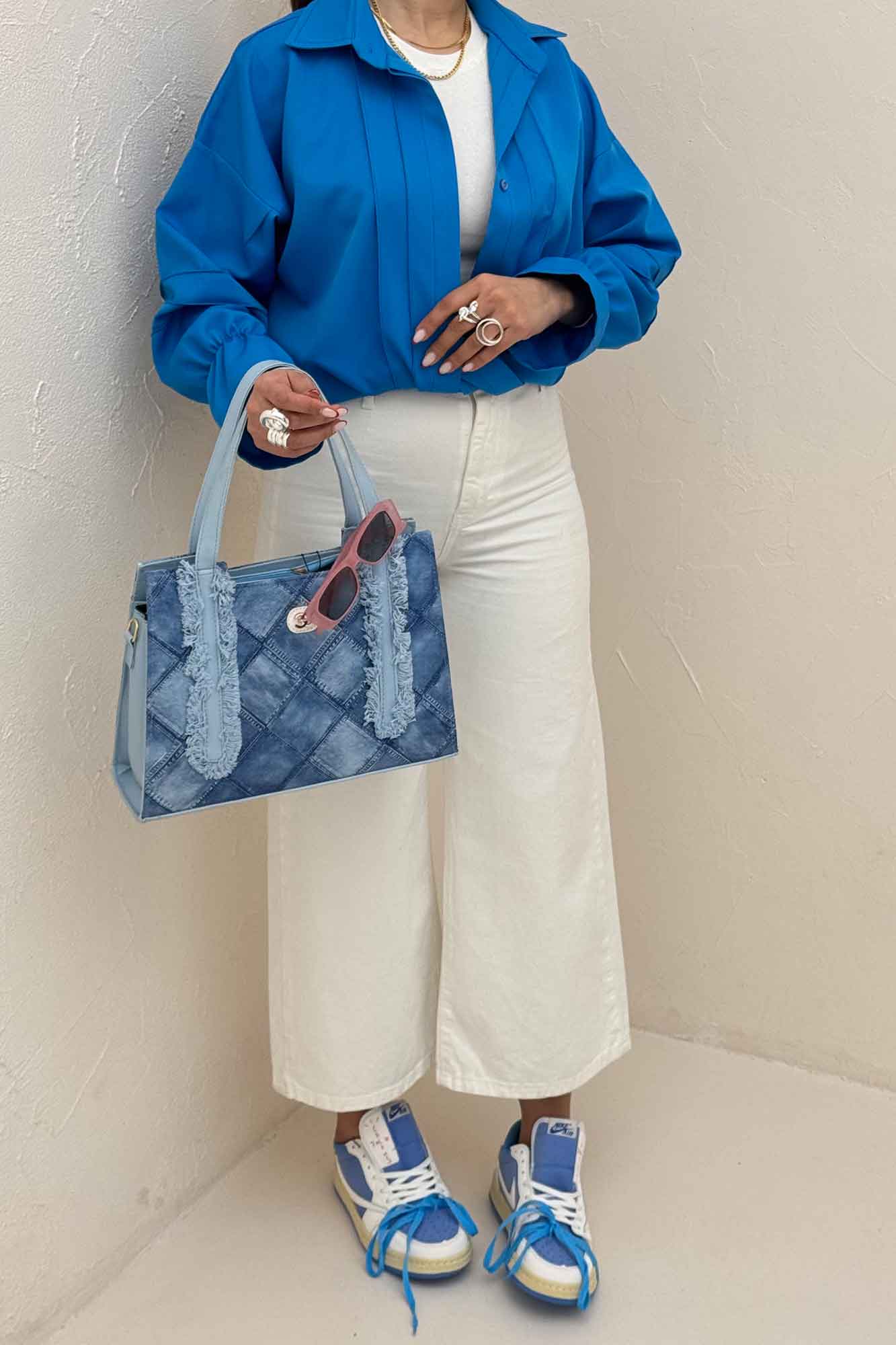 شومیز مانتویی خط دار آستین عروسکی 