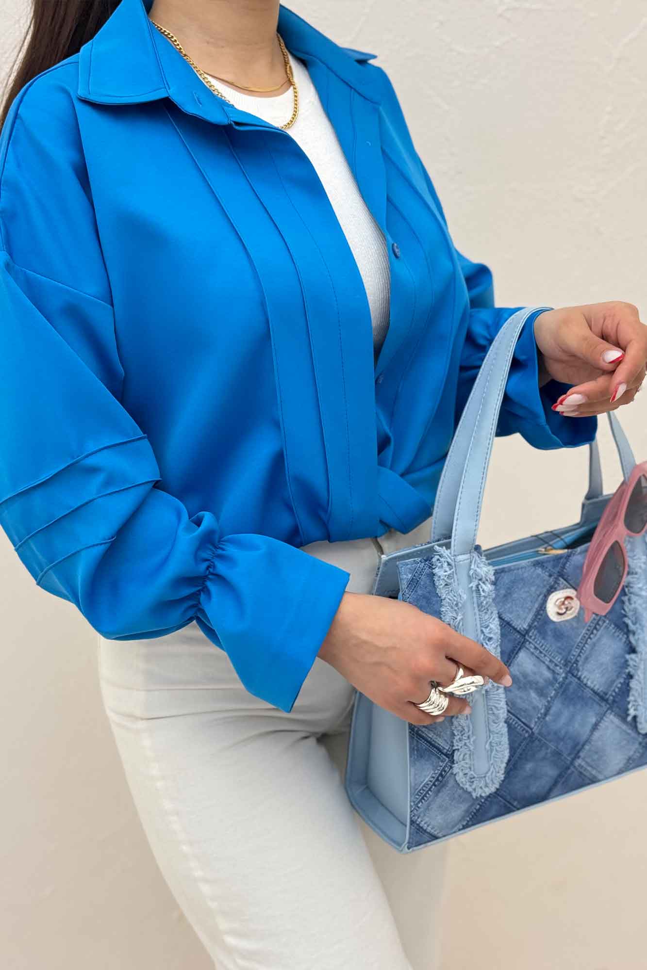 شومیز مانتویی خط دار آستین عروسکی 