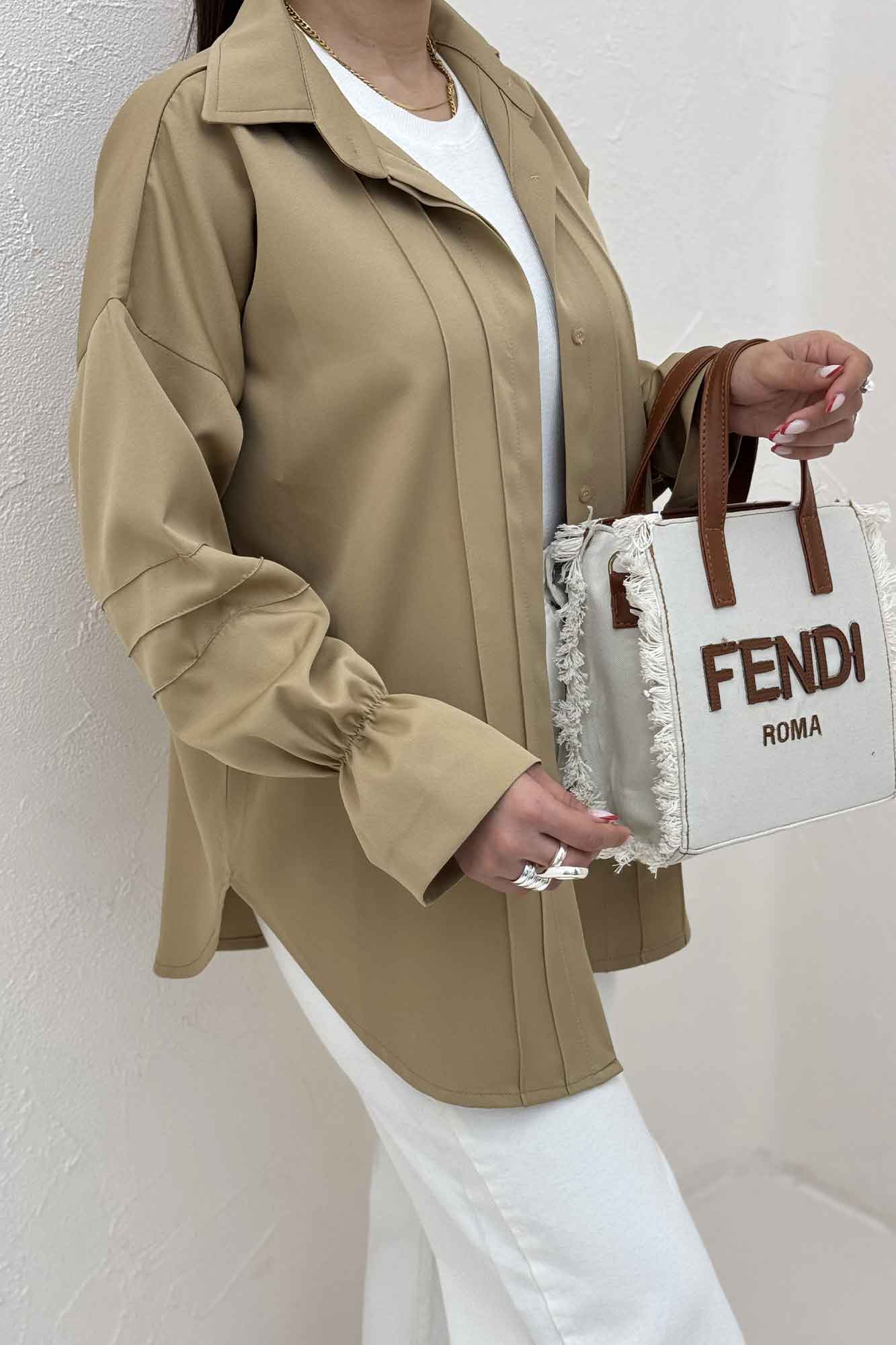 شومیز مانتویی خط دار آستین عروسکی 