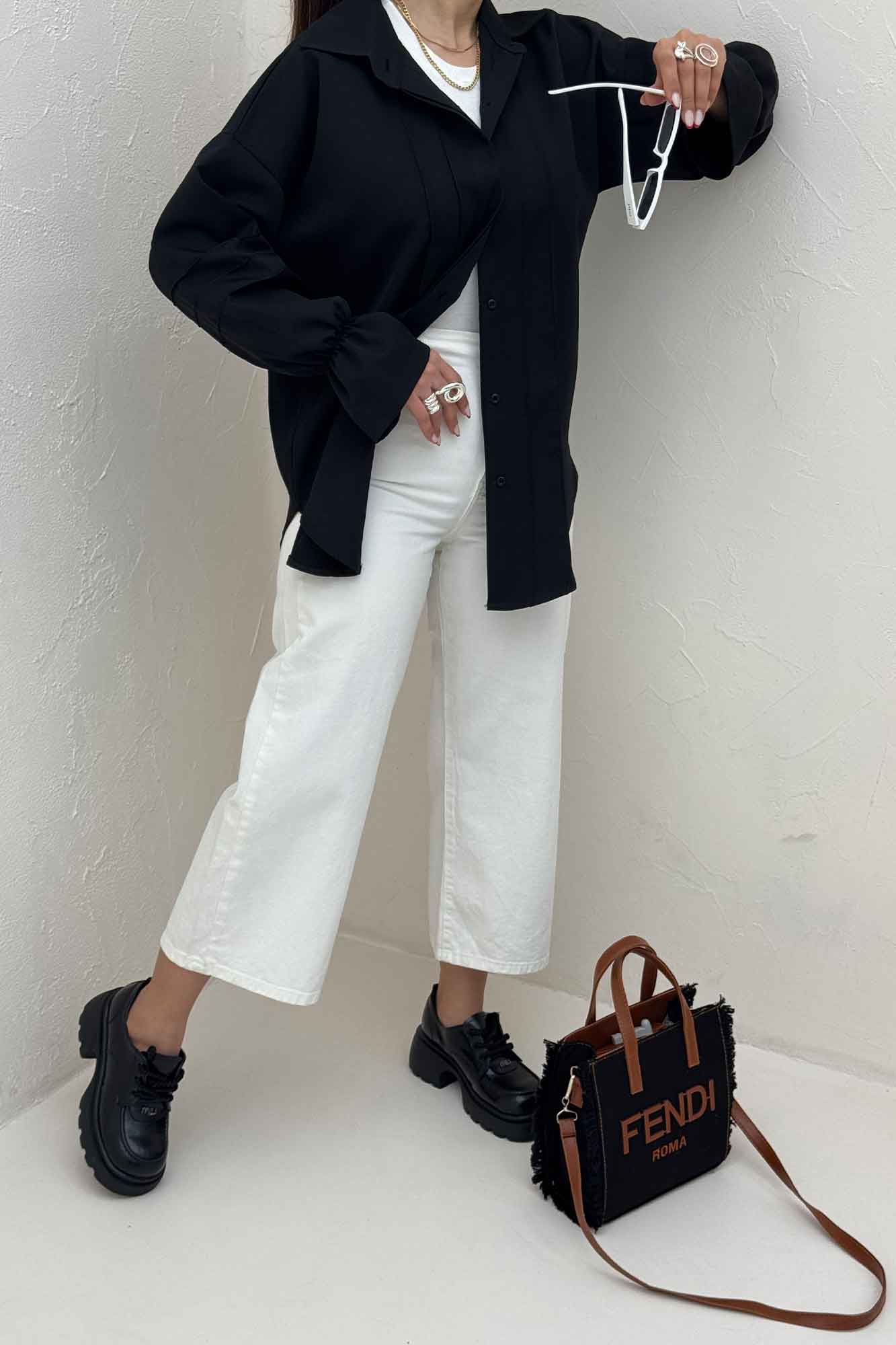 شومیز مانتویی خط دار آستین عروسکی 