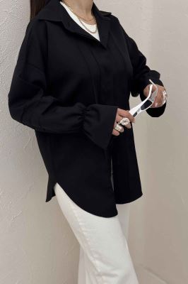 شومیز مانتویی خط دار آستین عروسکی 