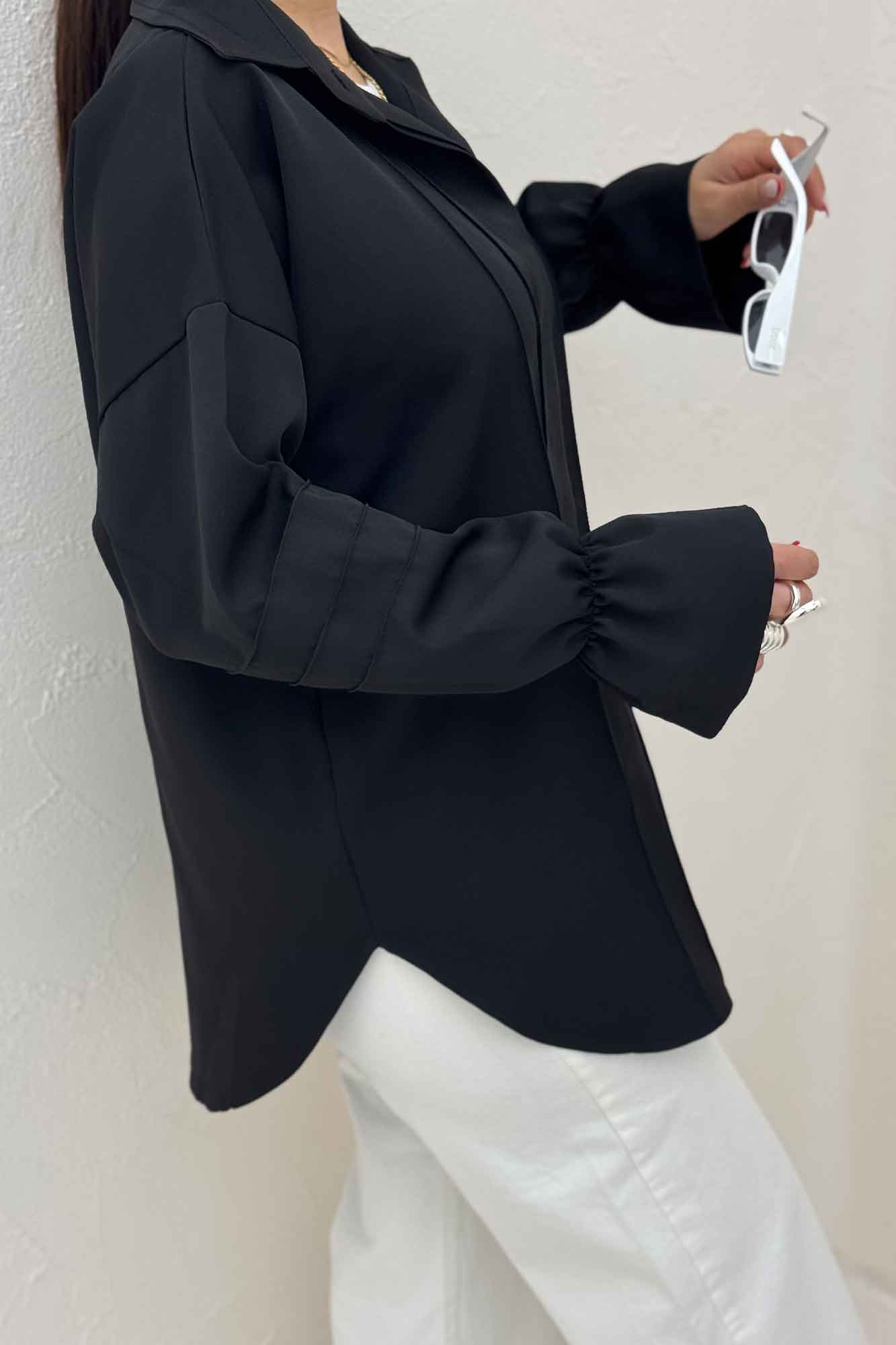 شومیز مانتویی خط دار آستین عروسکی 