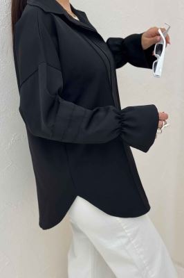 شومیز مانتویی خط دار آستین عروسکی 