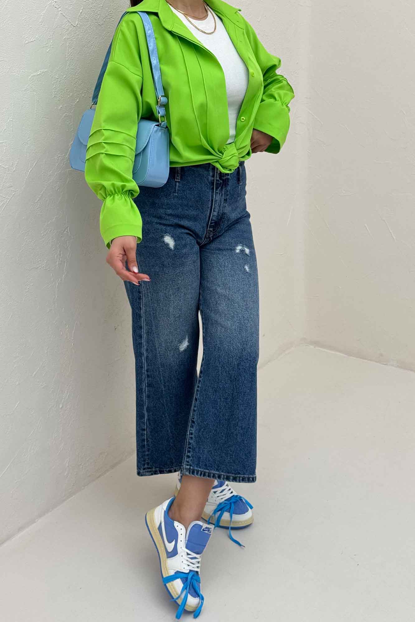 شومیز مانتویی خط دار آستین عروسکی 