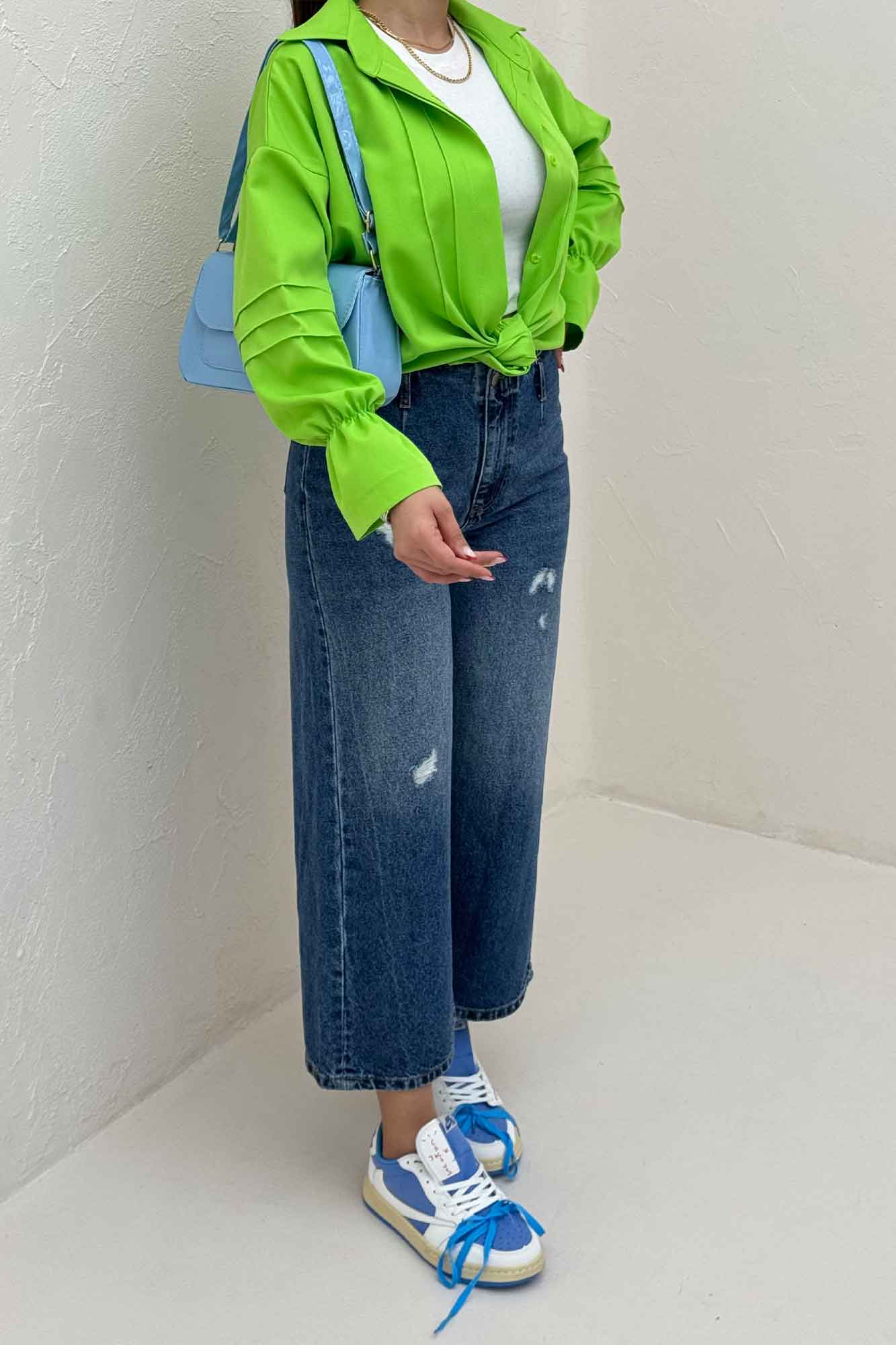 شومیز مانتویی خط دار آستین عروسکی 