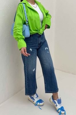 شومیز مانتویی خط دار آستین عروسکی 