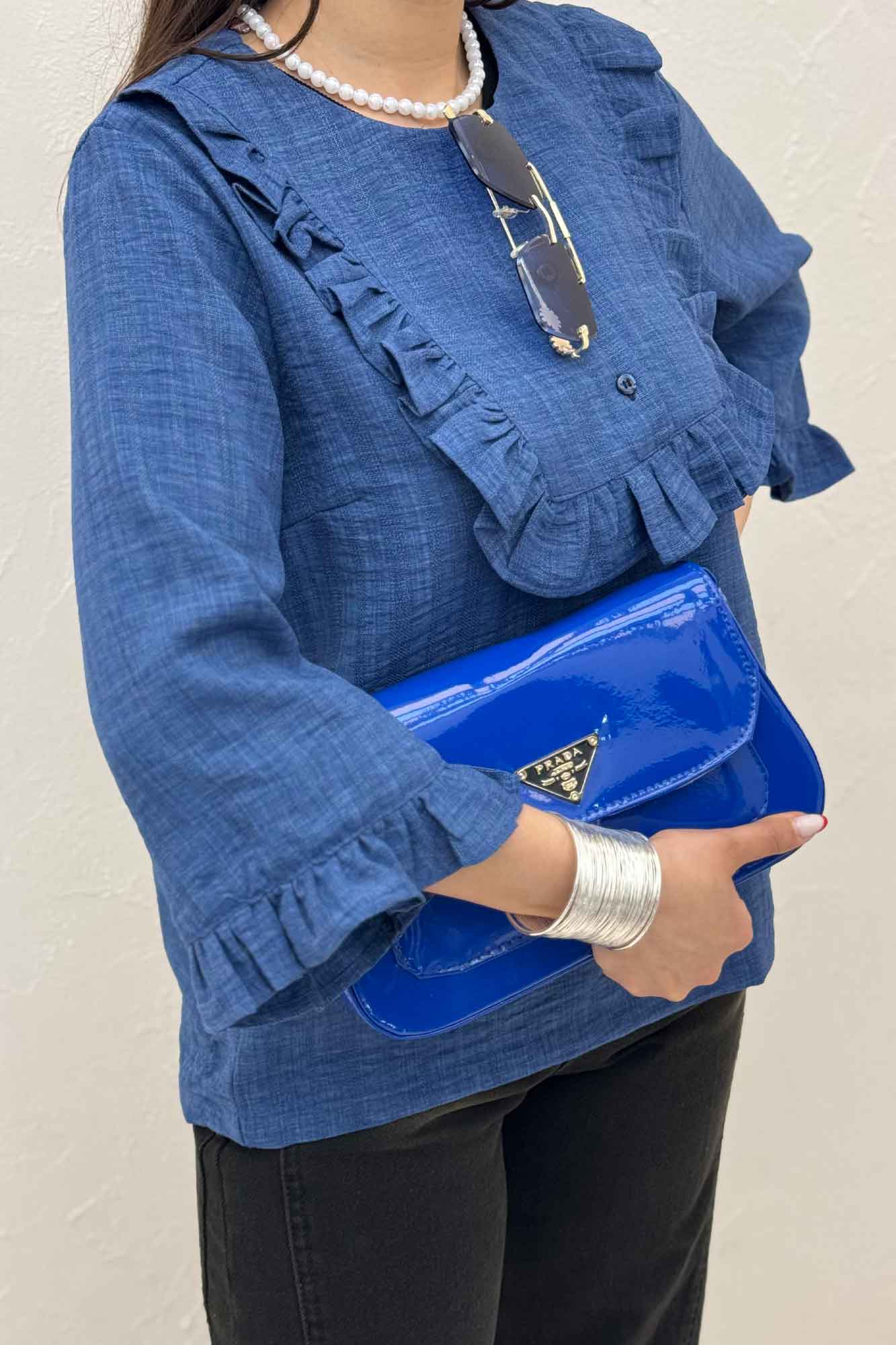 بلوز شانتون راه راه یقه چین سه دکمه