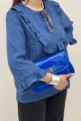 بلوز شانتون راه راه یقه چین سه دکمه