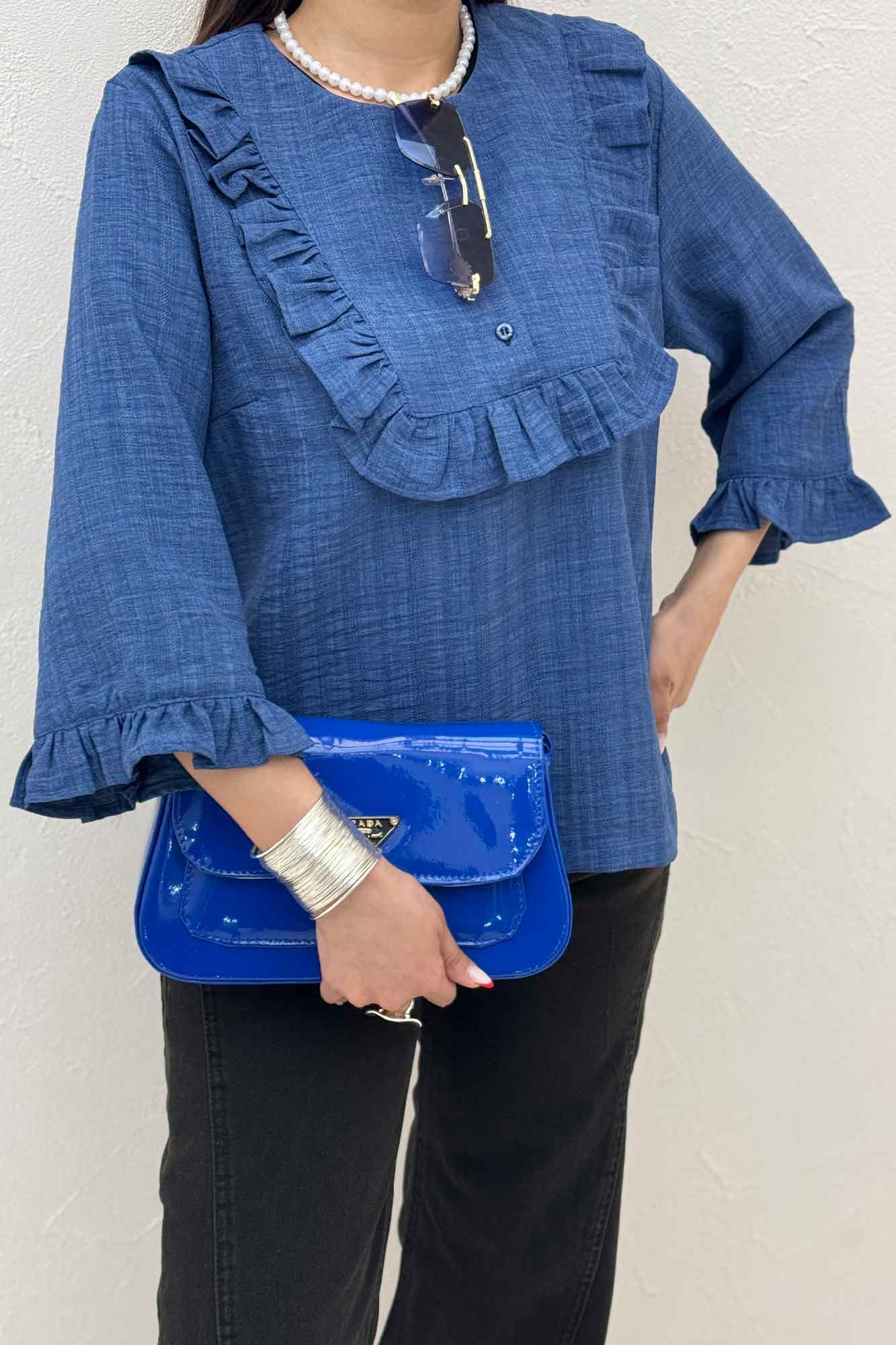 بلوز شانتون راه راه یقه چین سه دکمه