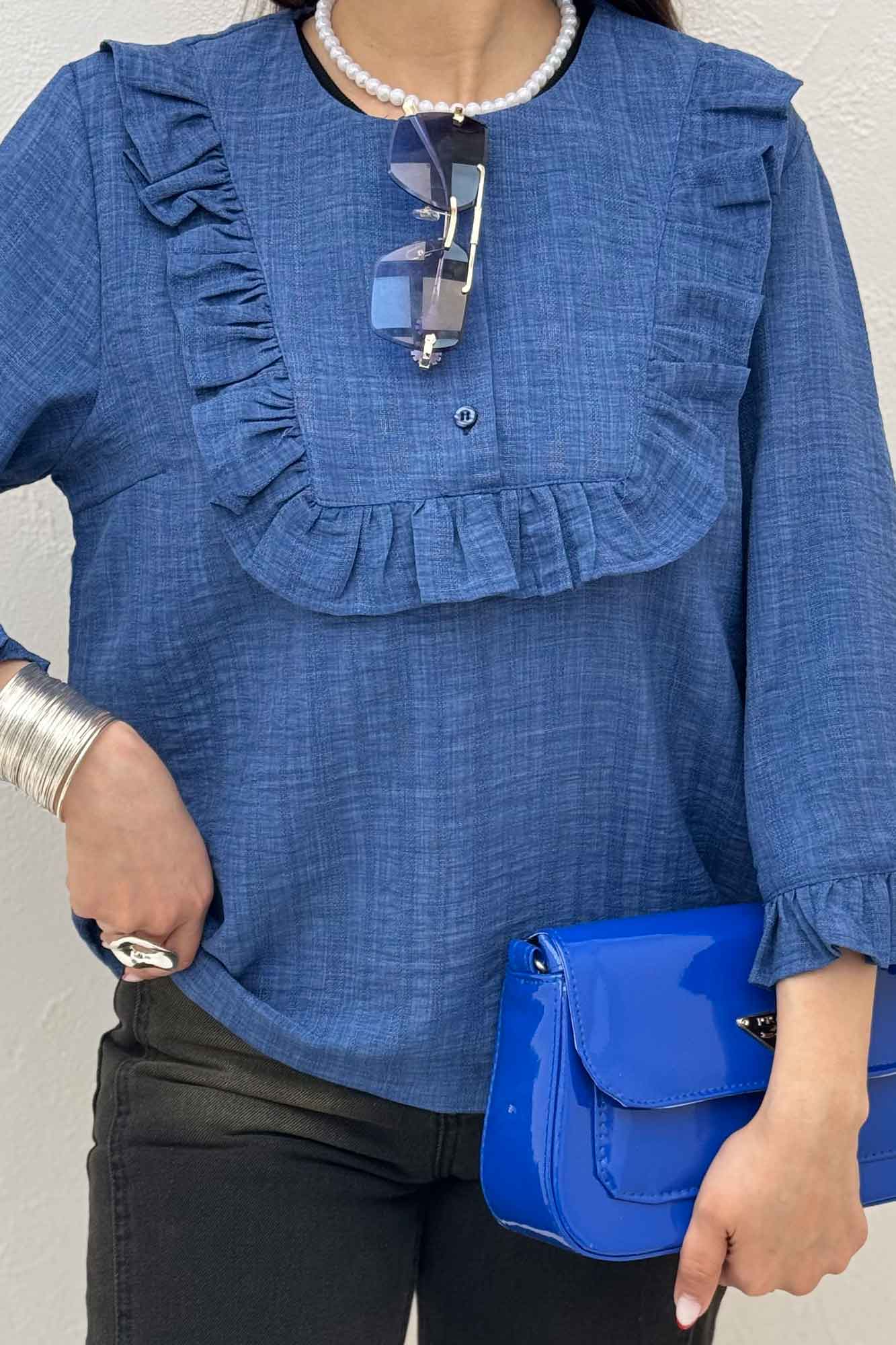 بلوز شانتون راه راه یقه چین سه دکمه