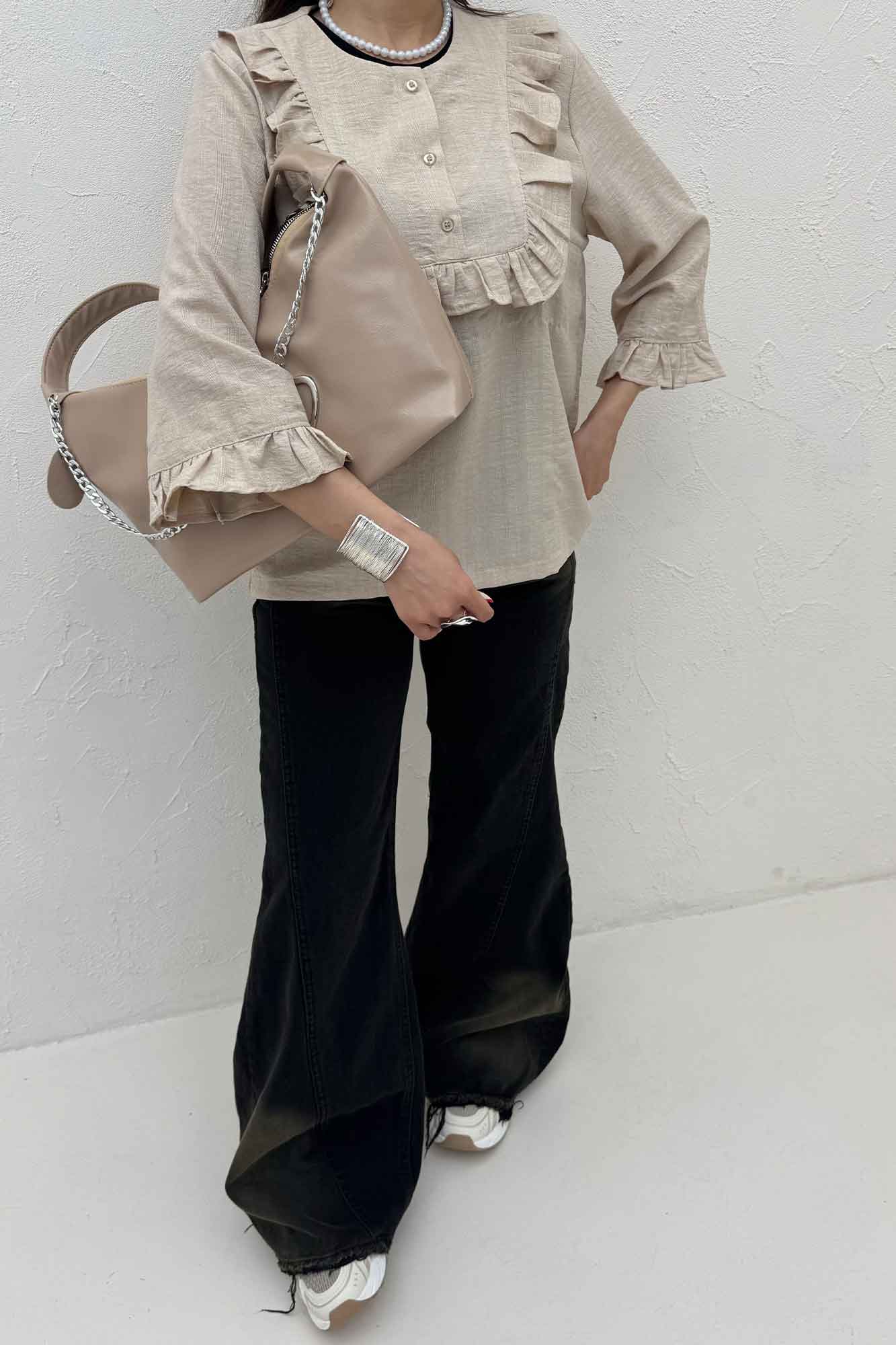 بلوز شانتون راه راه یقه چین سه دکمه