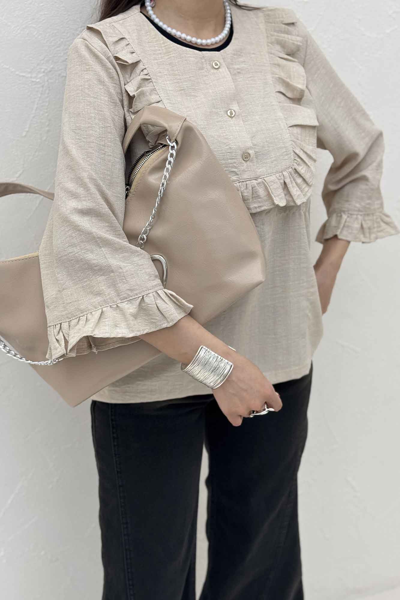 بلوز شانتون راه راه یقه چین سه دکمه