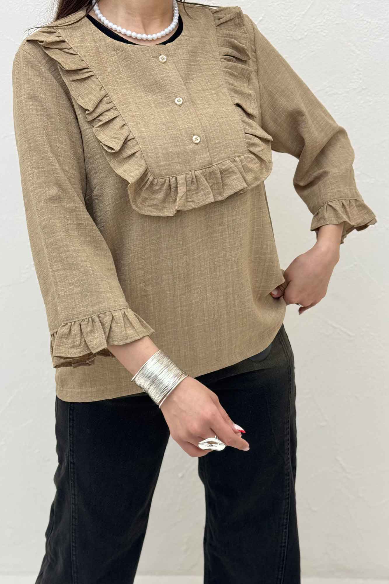 بلوز شانتون راه راه یقه چین سه دکمه