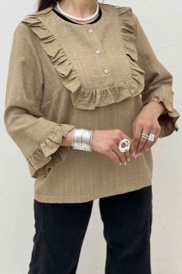 بلوز شانتون راه راه یقه چین سه دکمه