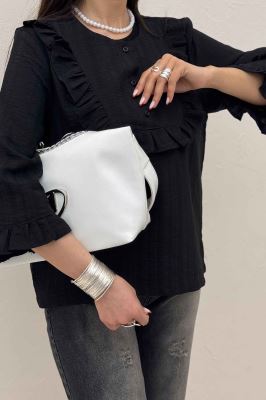 بلوز شانتون راه راه یقه چین سه دکمه