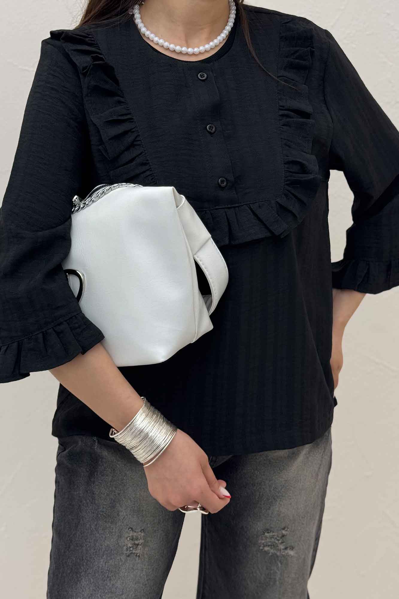 بلوز شانتون راه راه یقه چین سه دکمه