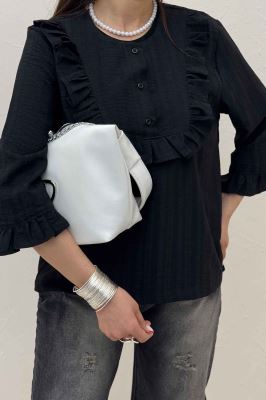 بلوز شانتون راه راه یقه چین سه دکمه