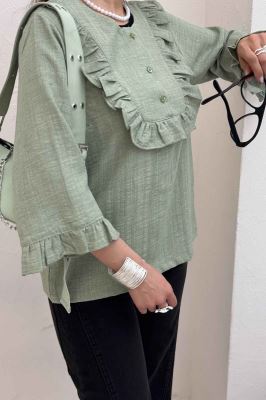 بلوز شانتون راه راه یقه چین سه دکمه