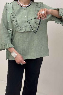 بلوز شانتون راه راه یقه چین سه دکمه