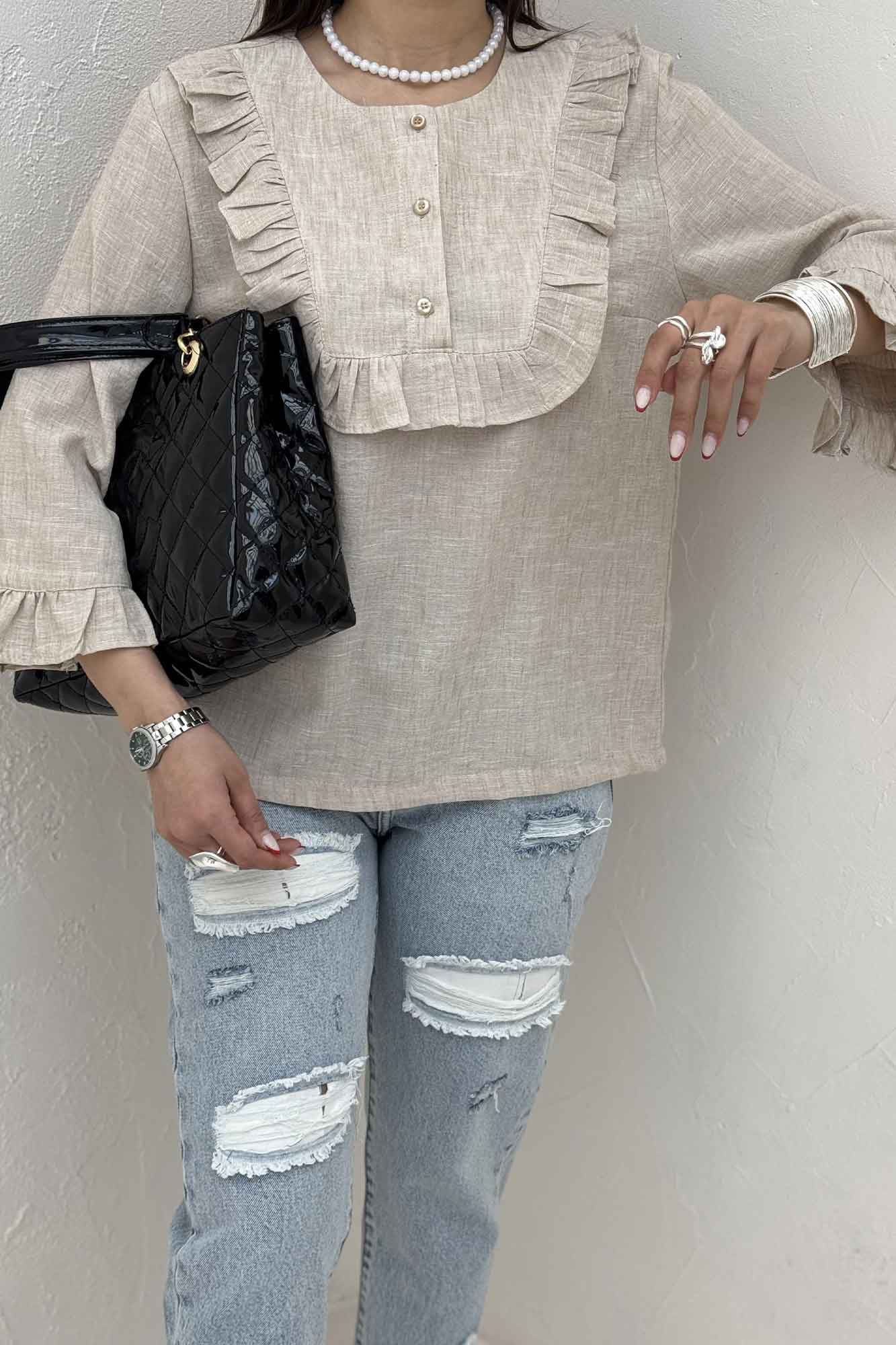 بلوز شانتون زارا یقه چین سه دکمه 