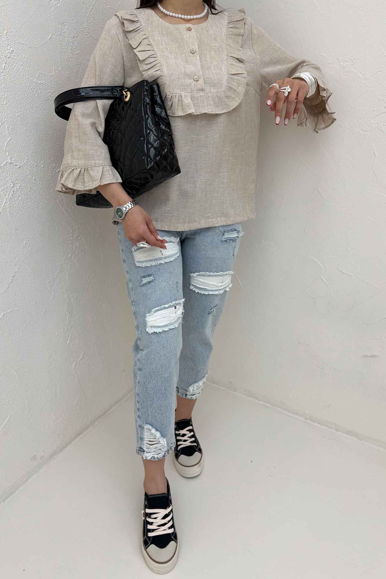 بلوز شانتون زارا یقه چین سه دکمه 