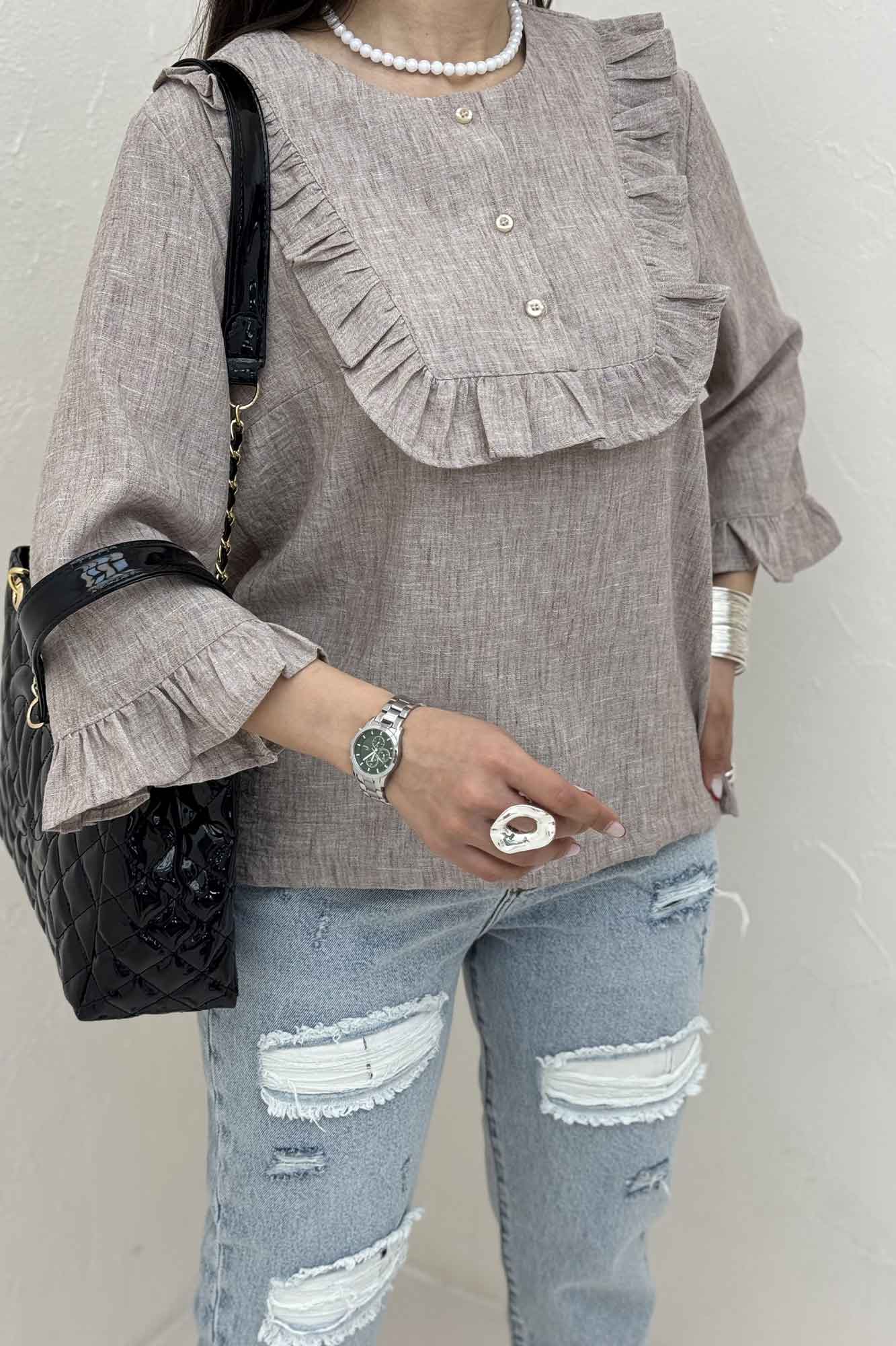 بلوز شانتون زارا یقه چین سه دکمه 