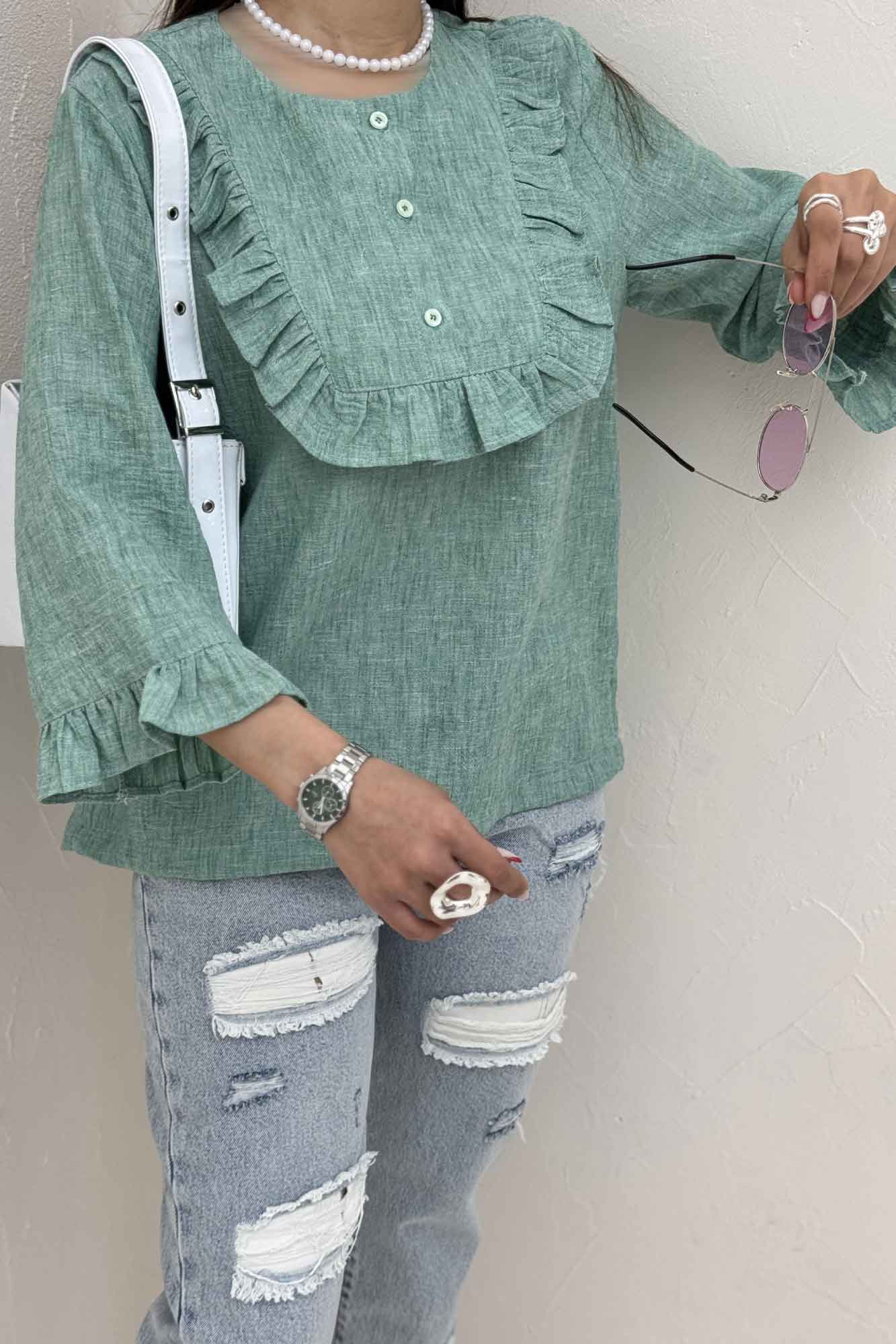 بلوز شانتون زارا یقه چین سه دکمه 