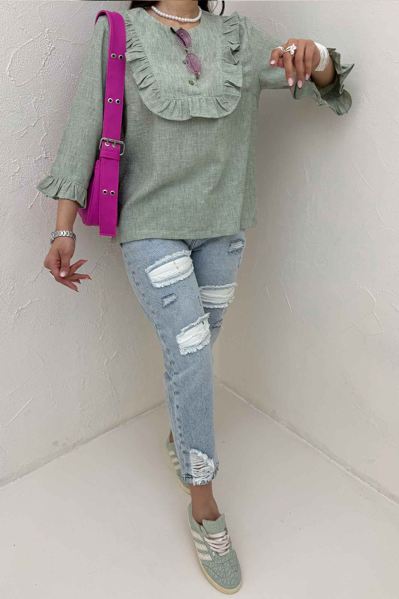 بلوز شانتون زارا یقه چین سه دکمه 