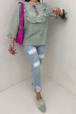 بلوز شانتون زارا یقه چین سه دکمه 