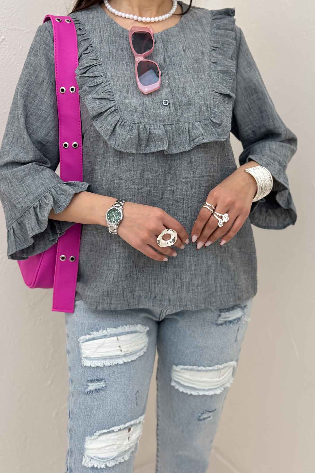 بلوز شانتون زارا یقه چین سه دکمه 