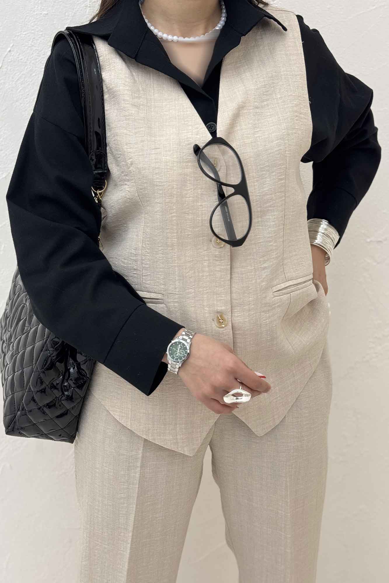 ست ژیله و شلوار شانتون راه راه نبات