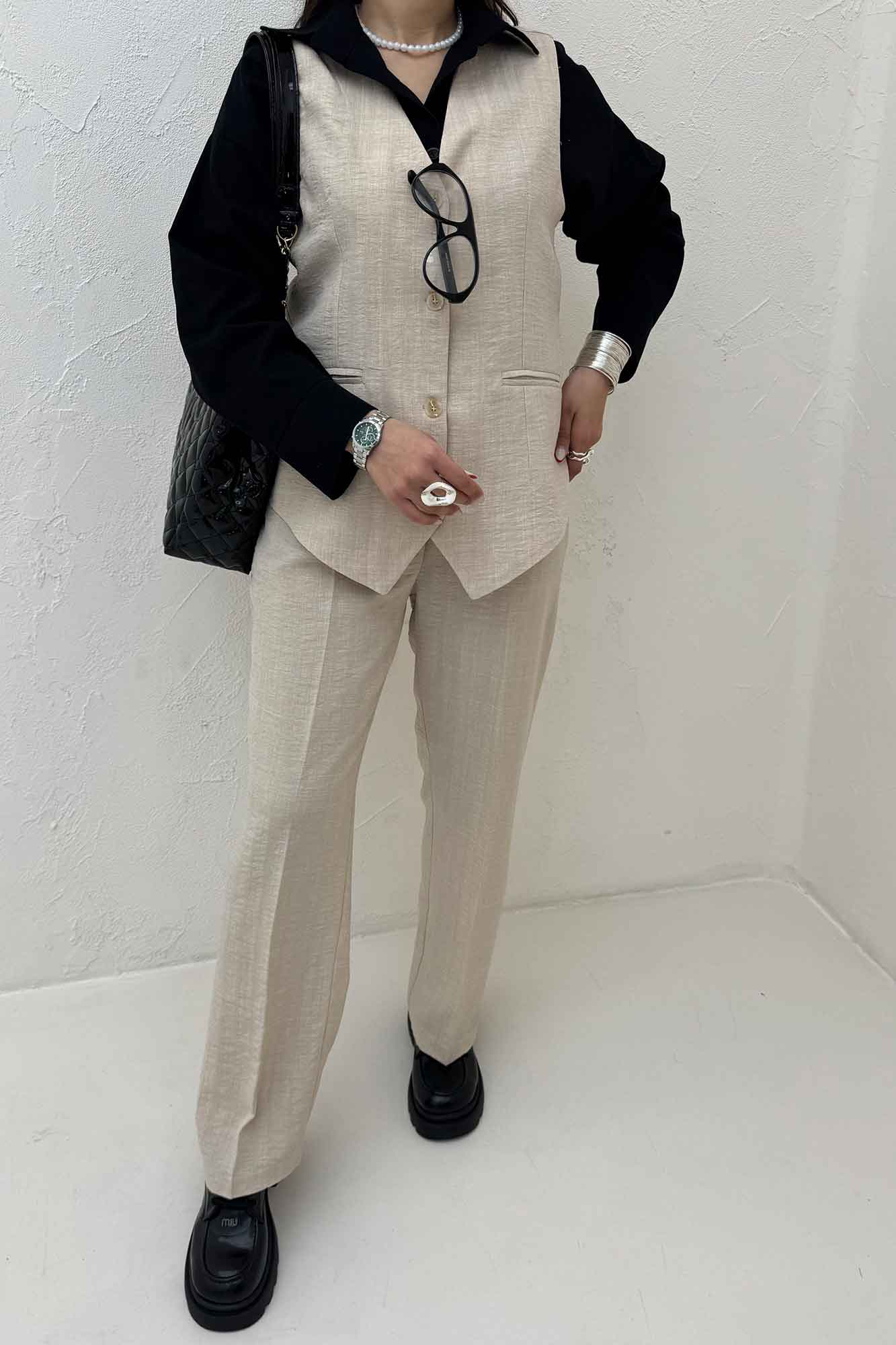 ست ژیله و شلوار شانتون راه راه نبات