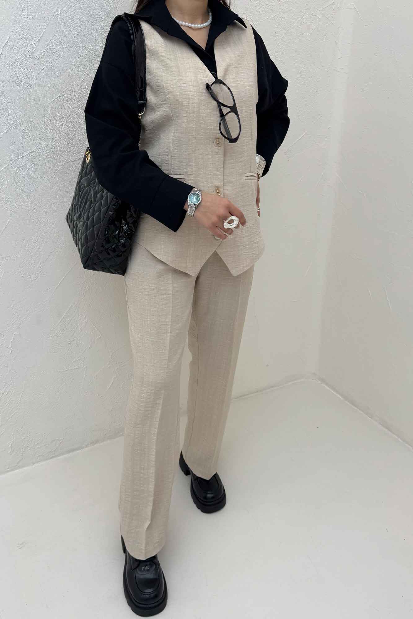 ست ژیله و شلوار شانتون راه راه نبات