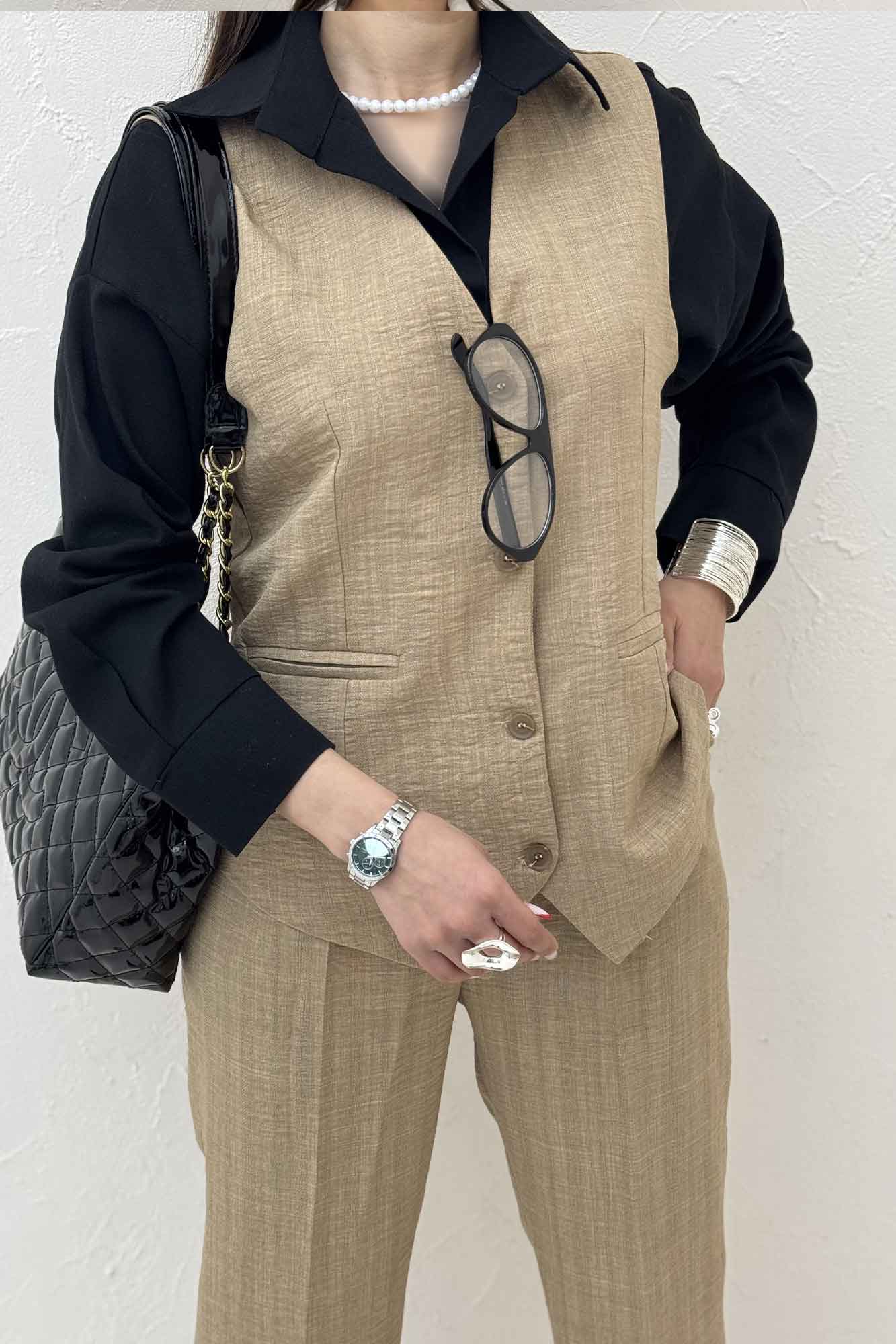 ست ژیله و شلوار شانتون راه راه نبات