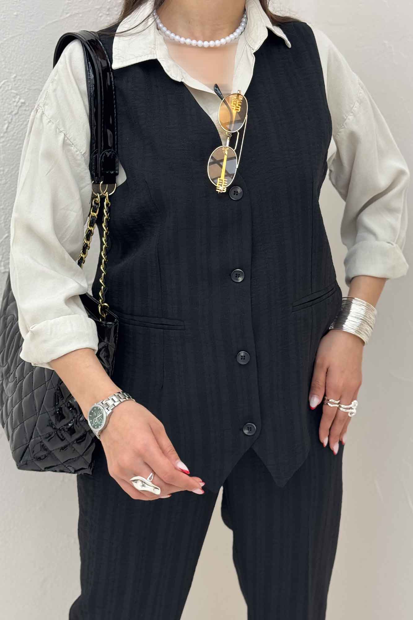 ست ژیله و شلوار شانتون راه راه نبات