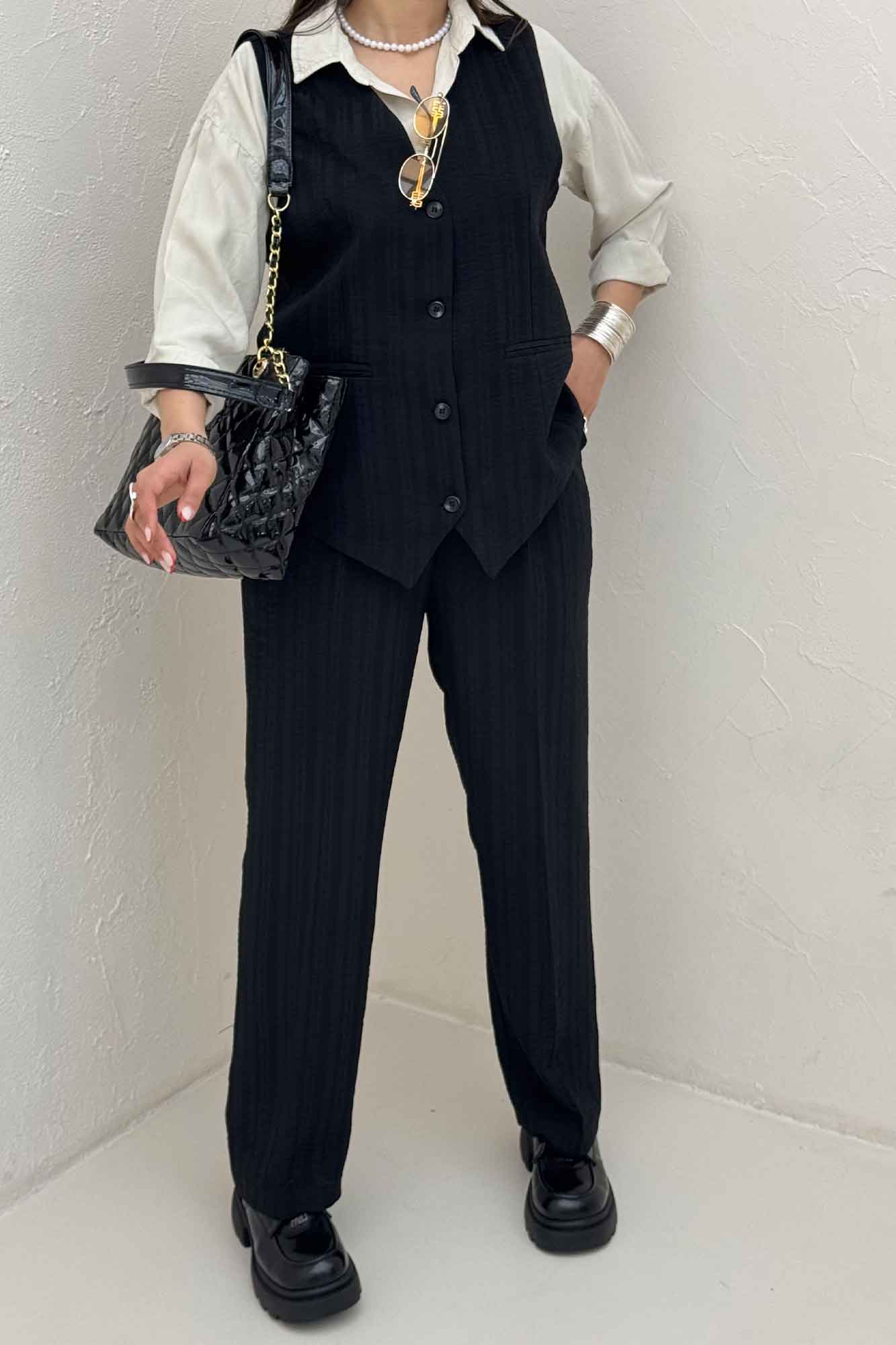 ست ژیله و شلوار شانتون راه راه نبات