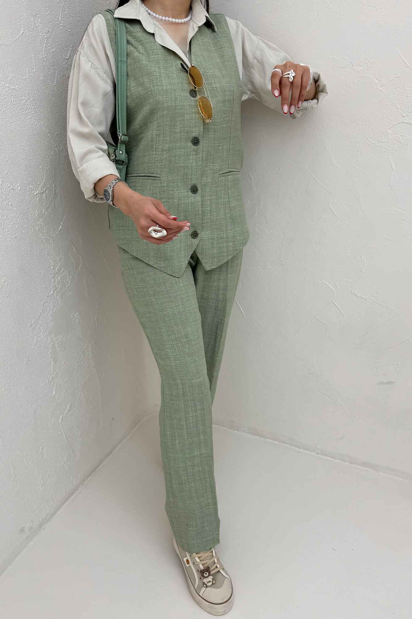 ست ژیله و شلوار شانتون راه راه نبات