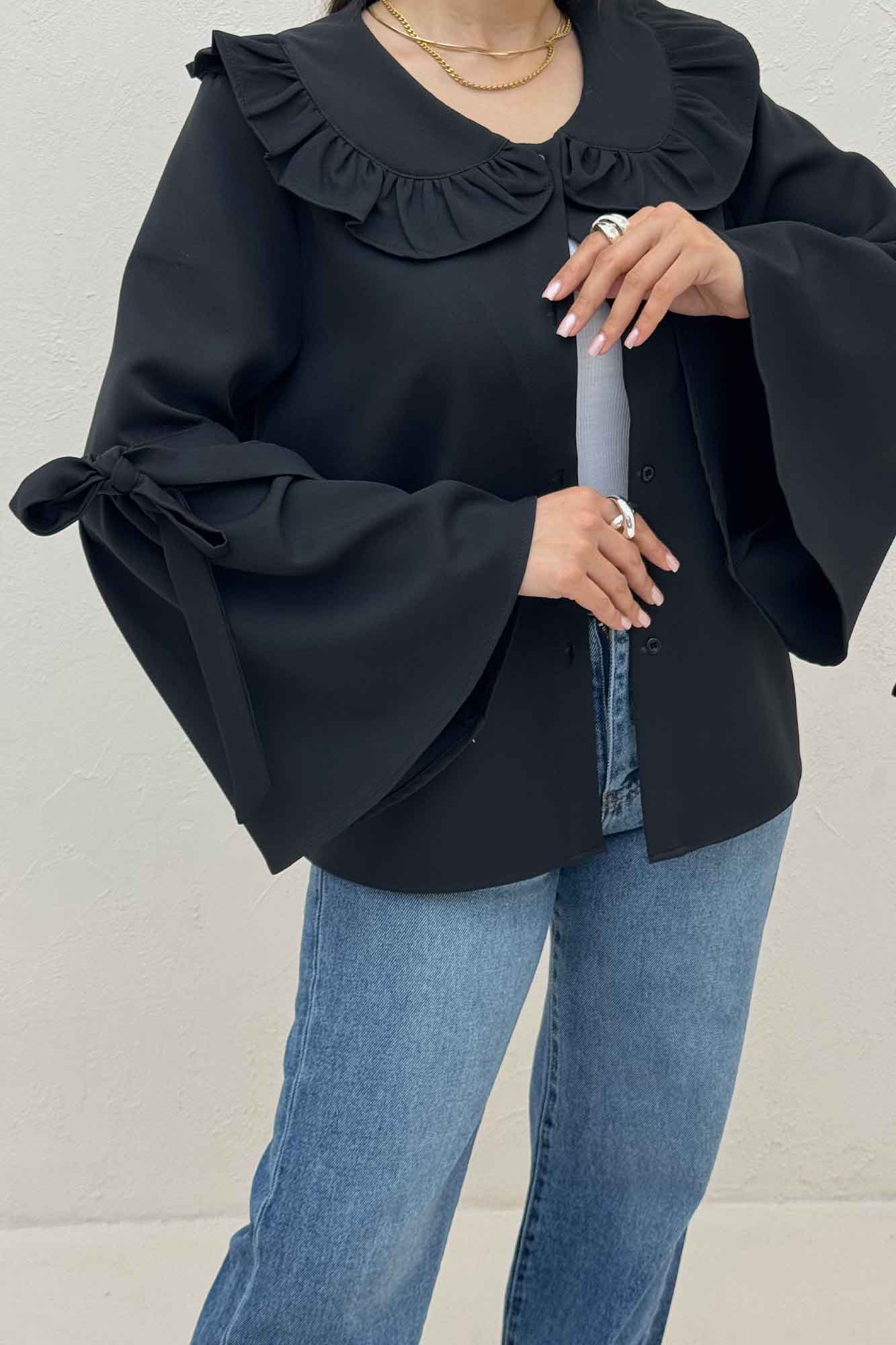 شومیز مازراتی یقه چین آستین بنددار