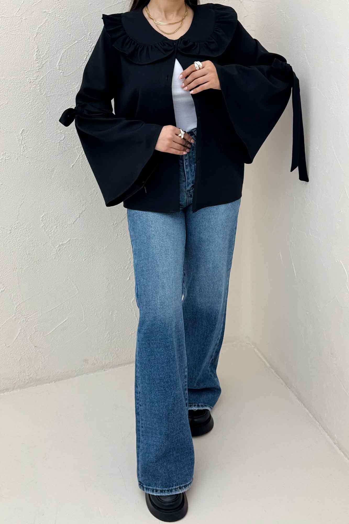 شومیز مازراتی یقه چین آستین بنددار