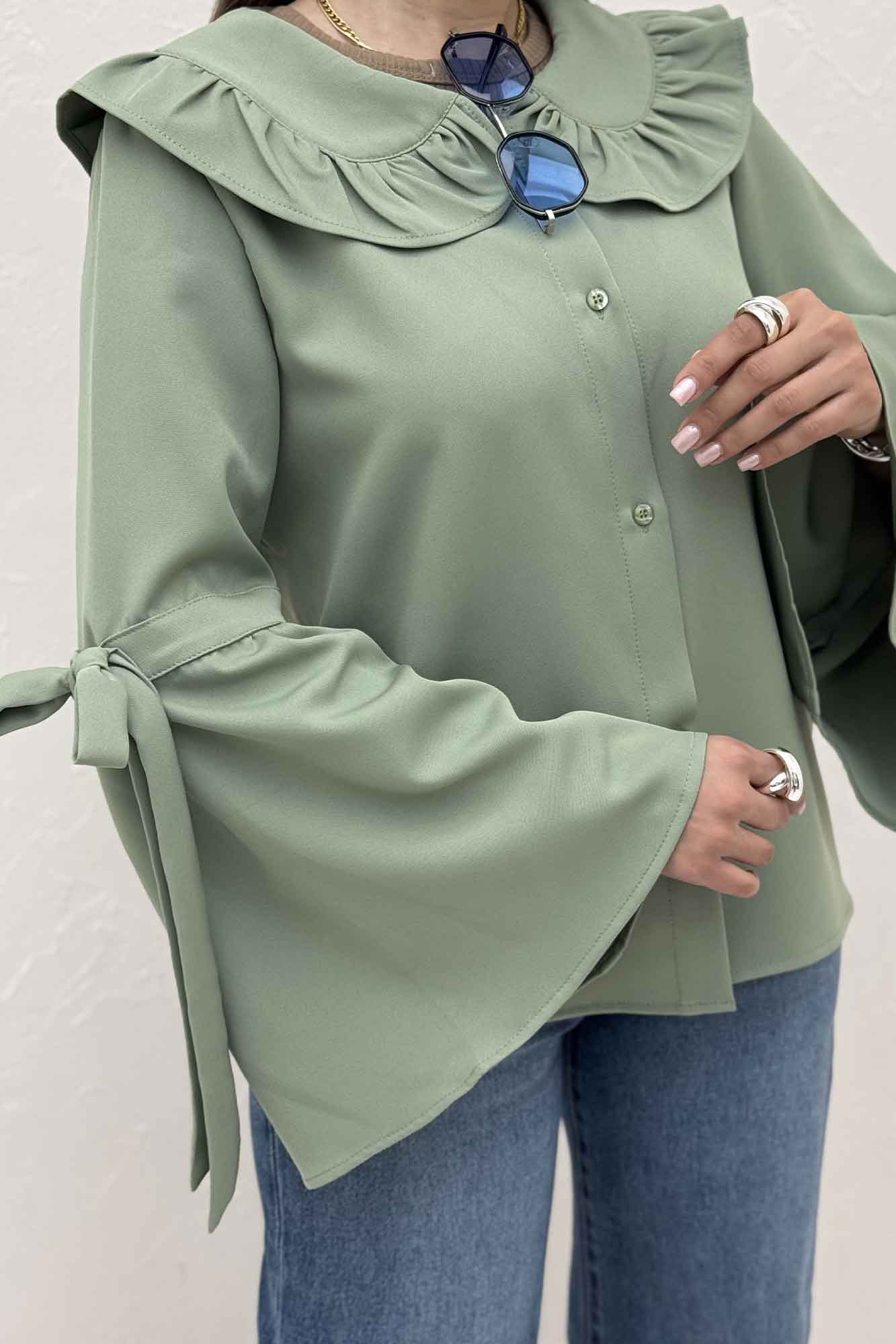 شومیز مازراتی یقه چین آستین بنددار