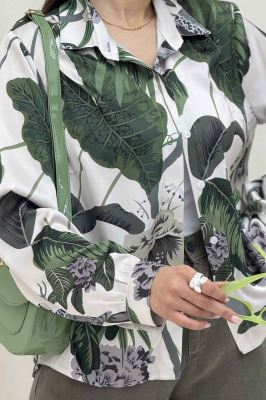 شومیز ساتن حریر دکمه مخفی طرح هاوایی