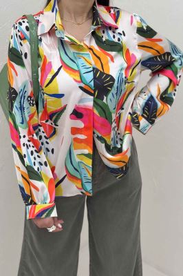 شومیز ساتن حریر دکمه مخفی طرح استوایی