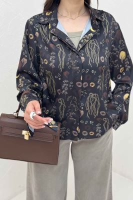 شومیز ساتن حریر دکمه مخفی طرح ماه برگ